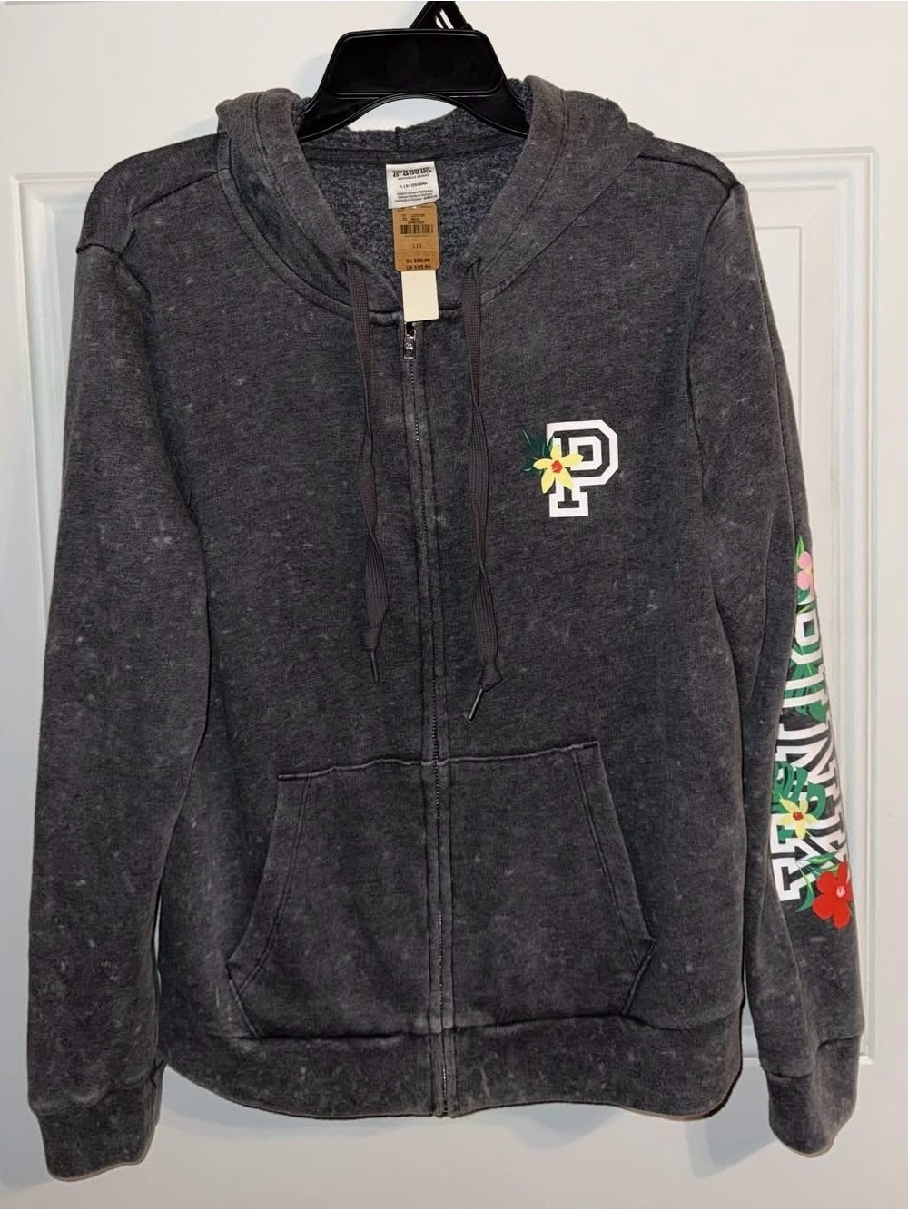 PINK Victoria's Secret Charcoal Zip-Up Hoodie with Floral Sleeve Accent